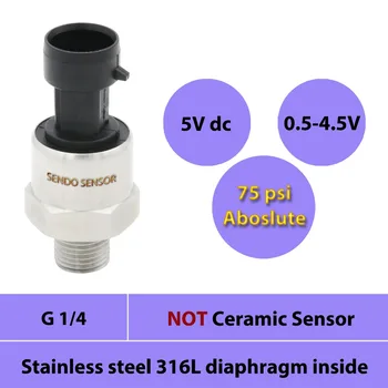

75psi absolute, diaphragm pressure transducer, 5Vdc input, water oil air transmitter pression, 0.5V to 4.5V signal, G1 4 , IP65