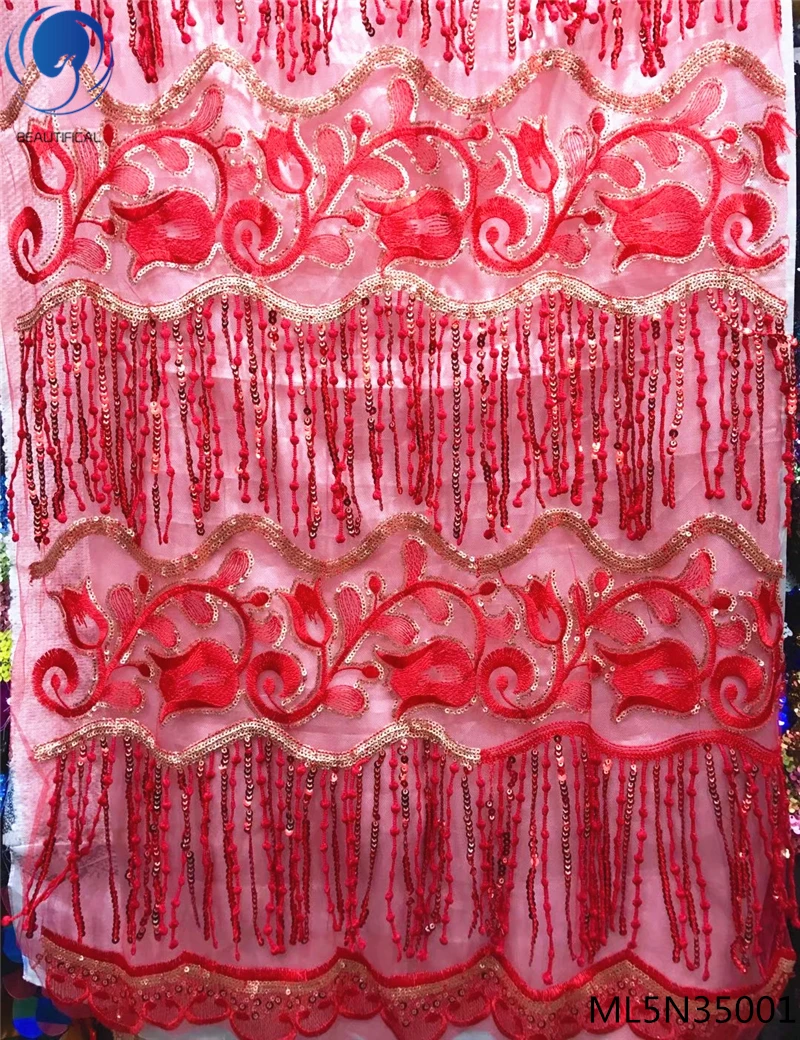 

BEAUTIFICAL red sequinned tassel fabric nigerian sequin lace fabric french sequins lace fabric free shipping for party ML5N350