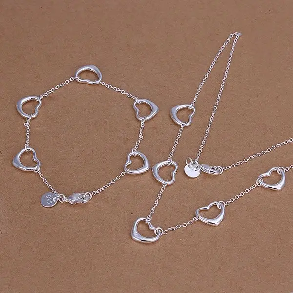 

Factory price top quality 925 sterling silver heart jewelry sets necklace bracelet bangle earring ring free shipping SMTS186
