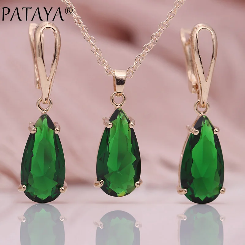 PATAYA New Blue Water Drop Earrings Pendants Necklaces Sets 585 Rose Gold Natural Zircon For Women Fashion Wedding Jewelry Set