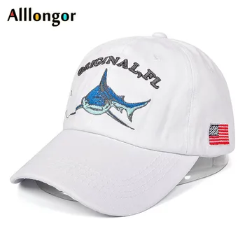 

2019 Summer Baseball Cap Women Men Fashion Cartoon Shark American Flag Embroidery Sports Hat Adjustable Snapback Dad Hat White