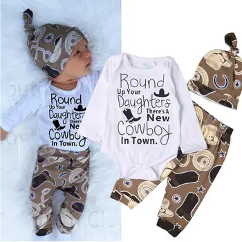 

Cowboy Newborn Baby Girl Boy Clothes Long Sleeve Cotton Bodysuit Romper Jumpsuit Pant Hat 3PCS Outfits Bebes Clothing Baby Suit