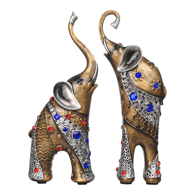 Vintage Resin Lucky Couple Elephant Figurines Ornaments Diamond
