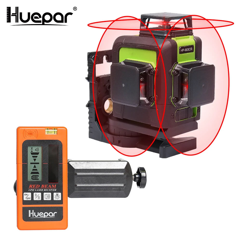 

Huepar 12 Lines 3D Cross Line Laser Level Self-Leveling 360degree Vertical & Horizontal Cross Red with Digital LCDLaser Receiver