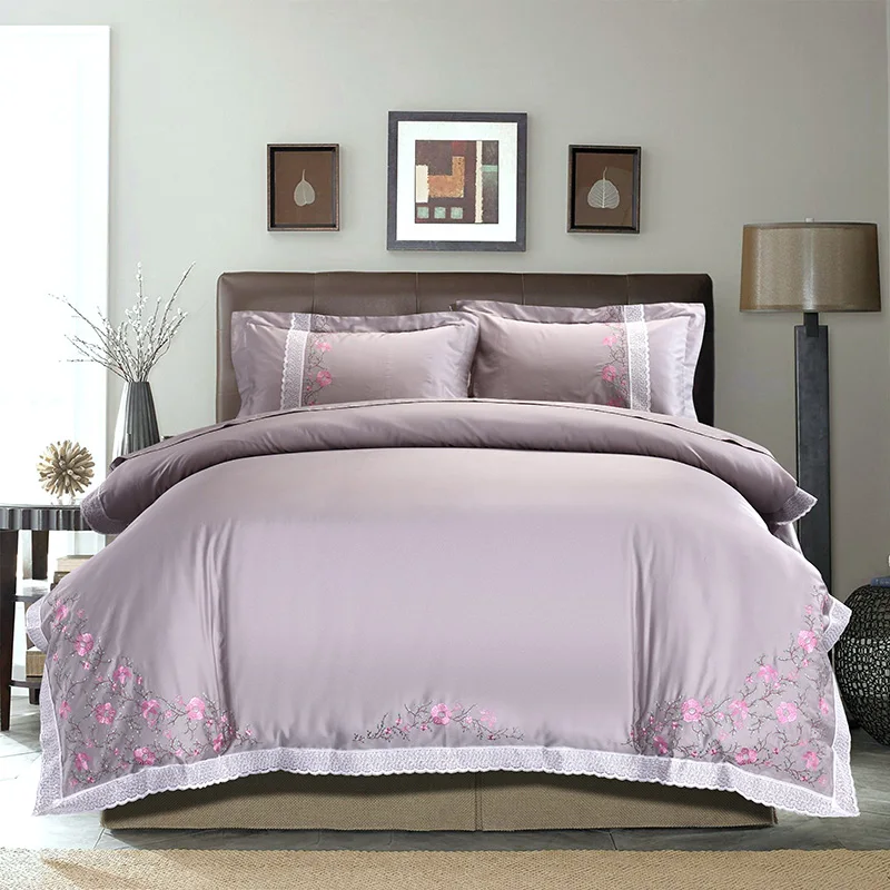

4 Pcs Oriental Embroidery Luxury Egyptian cotton Bedding Sets King/Queen Size Bed set gray Duvet Cover /Pillowcases