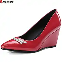 Asumer黒赤ファッションapring秋女性パンプスポインテッドトゥレディース靴ウェッジシューズ浅いパテントレザーハイヒール靴