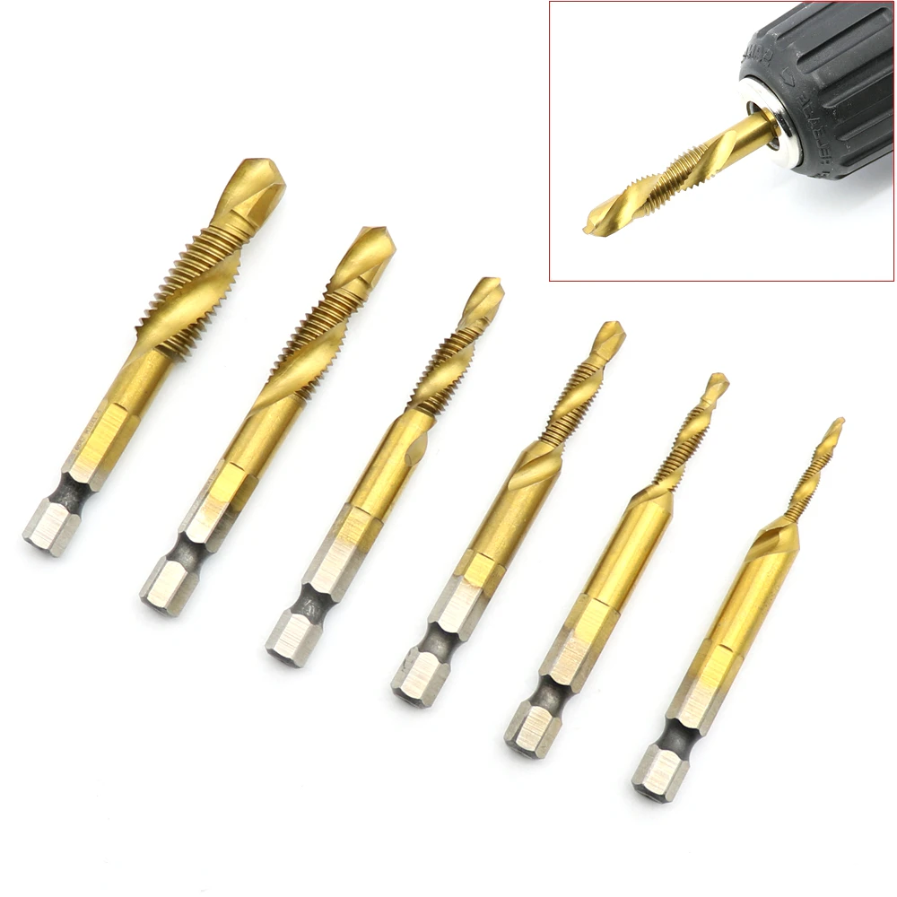 6Pcs 1/4" HSS 6542 Metric Hex Shank Tap Drill Bits M3 M10 For Drilling
