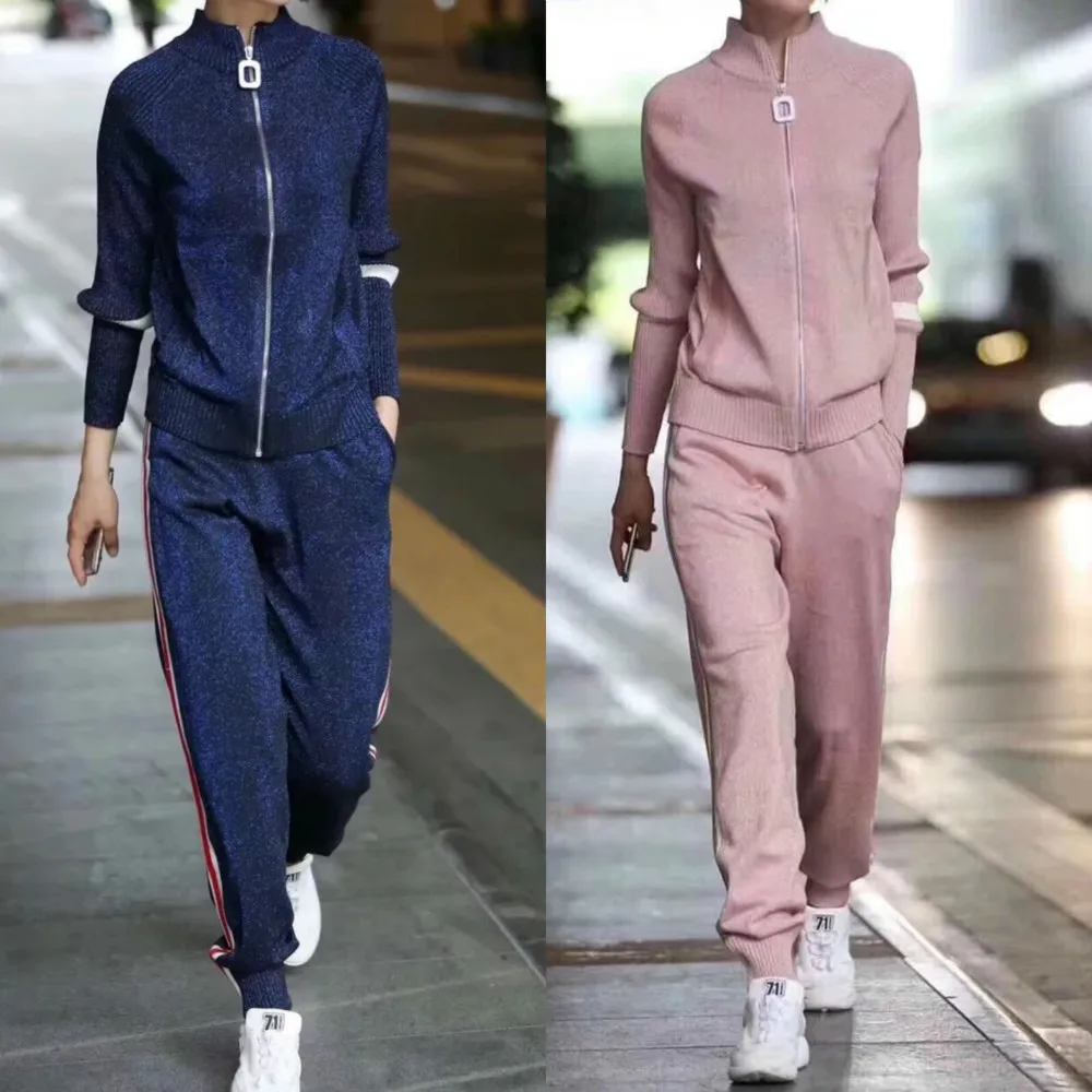 

2019 Autumn Women Tracksuit 2pcs Women Set Casual Knit Cardigan Sweatwear +Side Stripe Pants 2 Pieces Sets Women Clothing Suits