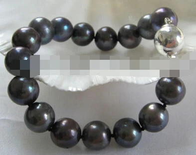 

13402 Beautiful AAA 8" black perfect round freshwater pearl bracelet-925 silver