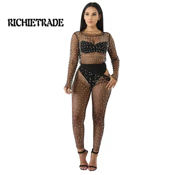 

RICHIETRADE Sexy Woman Jumpsuit Solid Long Sleeve And Pants Pearl Perspective