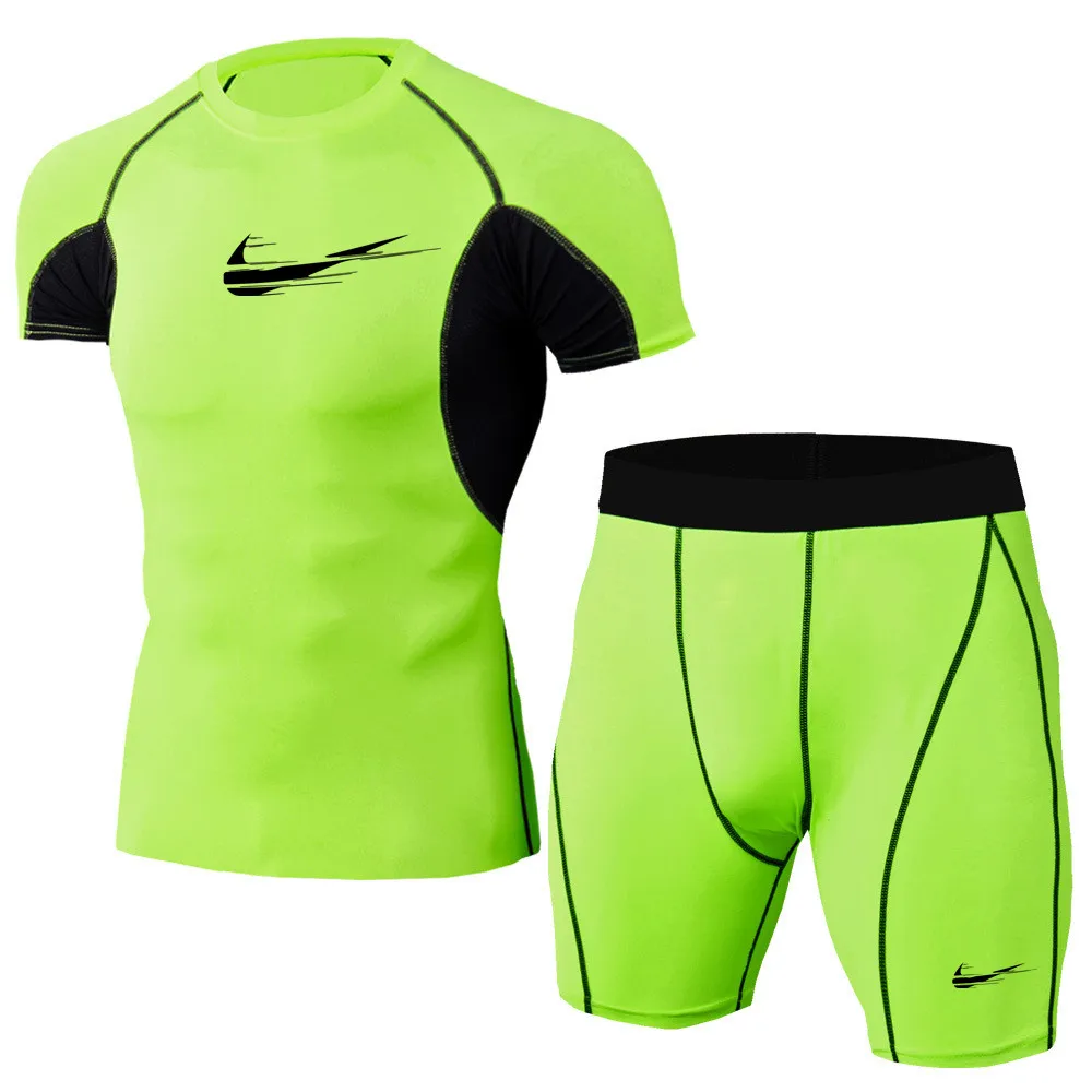 2019 New Men's Brand Sports Suit for Summer Pure color Compression Shirts + Leggings Base Layer sleeve T Shirt Clothing Set 2019 New Men's Brand Sports Suit for Summer Pure color Compression Shirts + Leggings Base Layer sleeve T Shirt Clothing Set