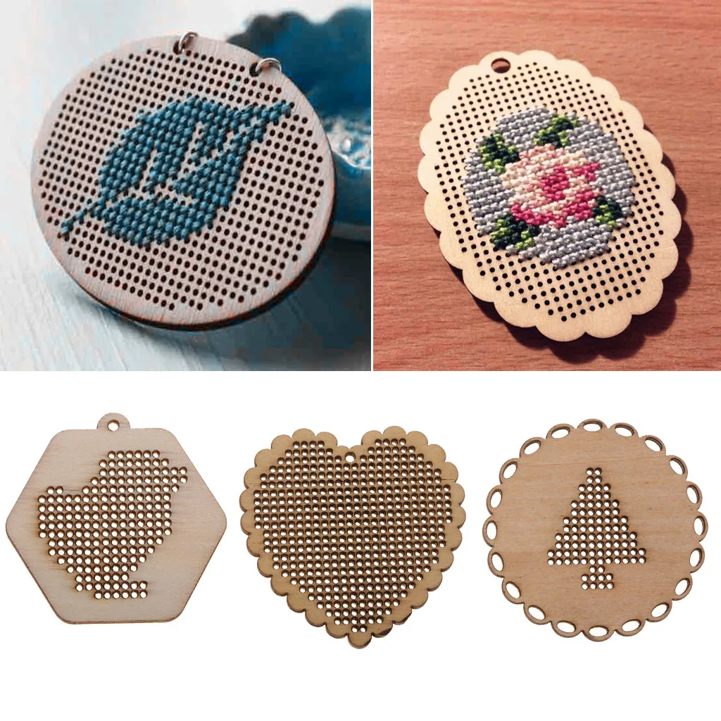 Wood Crafts Small Blank Pendant Charms for Counted Cross Stitch Kit, 3 Assorted Shapes, 5.5cm/5cm