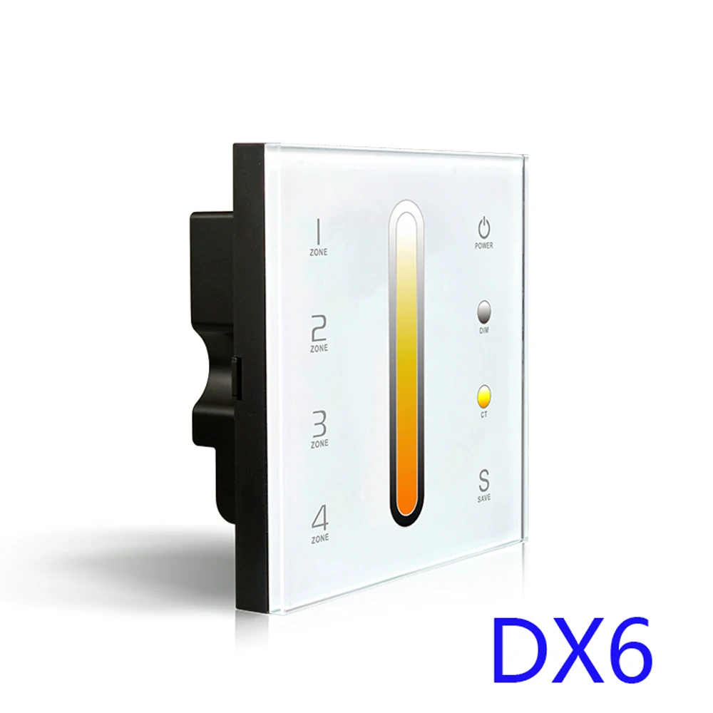 

DX6 2.4GHz DMX512 Console DX6 Touch Panel RF Dimmer Controller Wall-mounted 4 zones Control CT LED Strip Lights LED Panel Lamps