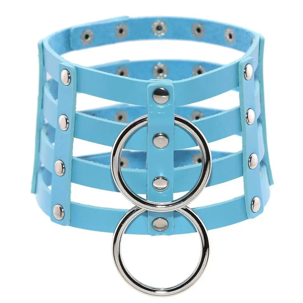 Light Blue KMVEXO, двойные O-Round, Панк Чокеры в готическом стиле, для женщин и мужчин, кожа, заклепки, клетка, жгут, воротник, колье, ожерелье, массивные украшения - Окраска металла: Light Blue