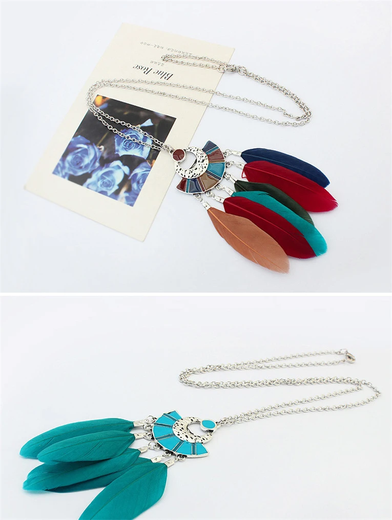 New Ornaments Fashion Fan Necklace Exotic Long Sweater Necklace New Feather Jewelry Necklace Colorful Feather Necklace Female (7)