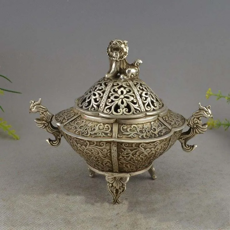 

Old Chinese Silver Auspicious Phoenix Bird Foo Dog Lion incense burner Censer