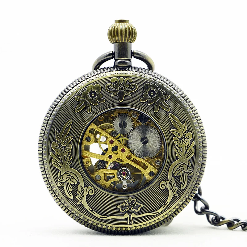 Новый стимпанк Бронзовый Медь Механические карманные часы скелет цепи римскими цифрами Винтаж кулон Часы с 37 см цепи Подарки