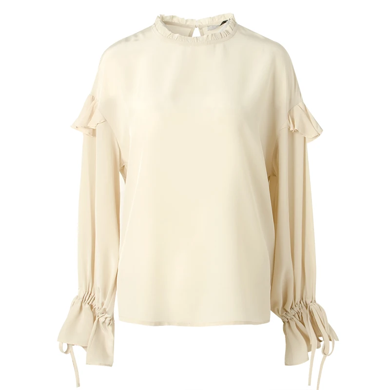 Женская шелковая блузка 16 мм, натуральный шелк, креповая блузка, Бабочка, длинный рукав, Офисная Женская блузка, весна, новая рубашка, цвет бежевый - Цвет: Бежевый
