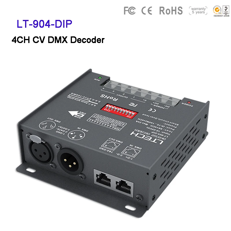 

LTECH 4 Channel LED DMX decoder LT-904-DIP DC12V-24V 6A*4CH Max. 24A 576W output XLR-3/RJ45 4CH CV DMX Decoder led controller