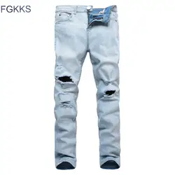 Fgkks 2018 Новое лето High Street Для мужчин Джинсы для женщин свет модные джинсовые Рваные джинсы Для мужчин Skinny Distressed дизайнер Брюки для девочек