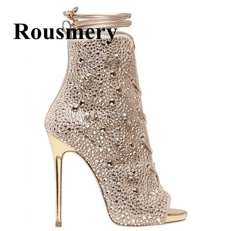 

New Style gorgeous Women Peep Toe Stiletto Thin High heels Cut-outs Sandal Boots Crystal Rhinestone Lace Up Short Ankle Boot