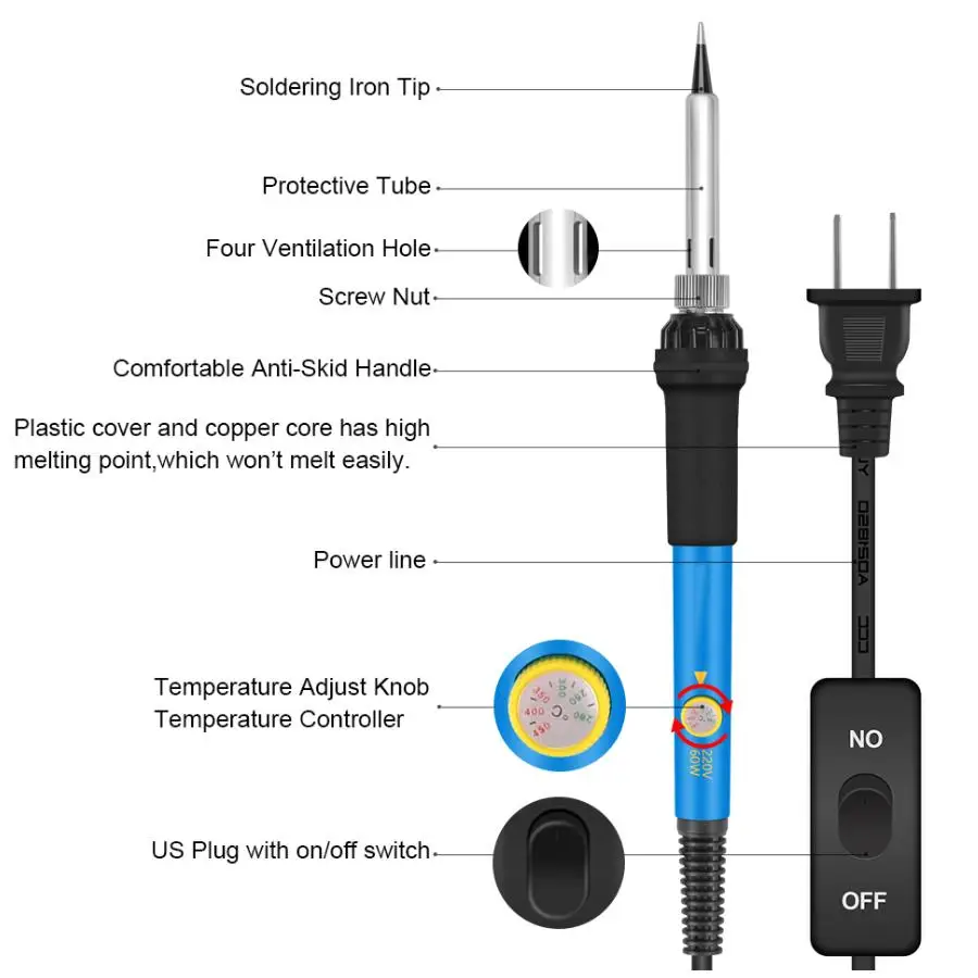 Электрический паяльник с регулируемой температурой, штепсельная вилка европейского стандарта США, 110 В, 220 В, 60 Вт, паяльная станция для сварки, наконечник, инструменты для припоя, пинцет