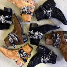 8 цветов; Новинка; черные и уличные мужские кожаные ботинки с пряжкой и ремешком в стиле граффити; Роскошные ковбойские ботинки из джинсовой ткани на танкетке с цепочкой