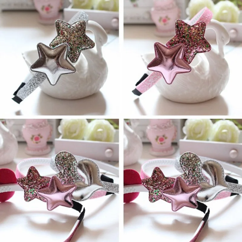 New Children's Headband Golden Gifts 1PC Party Kids Pink Hairband Star Girls Silver Heart Sequin PU Handmade Hair Accessories