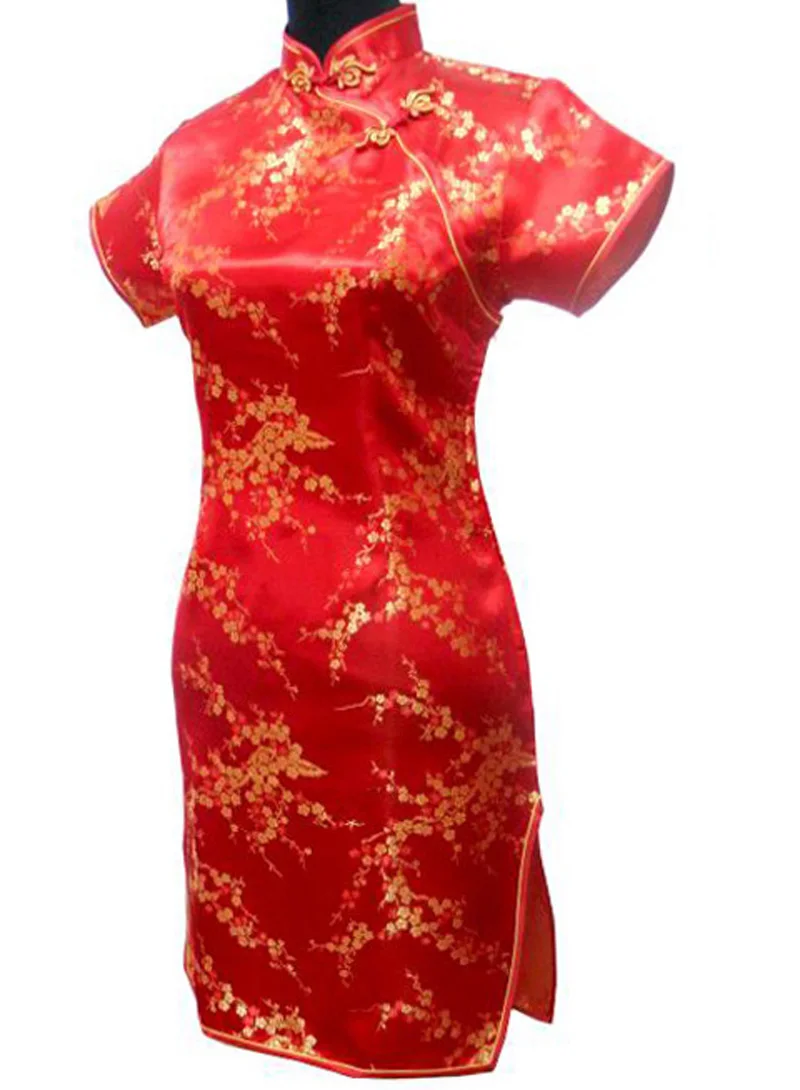 Red Chinese Women Wedding Dress Sexy Satin Mini Qipao Summer Slim Print 