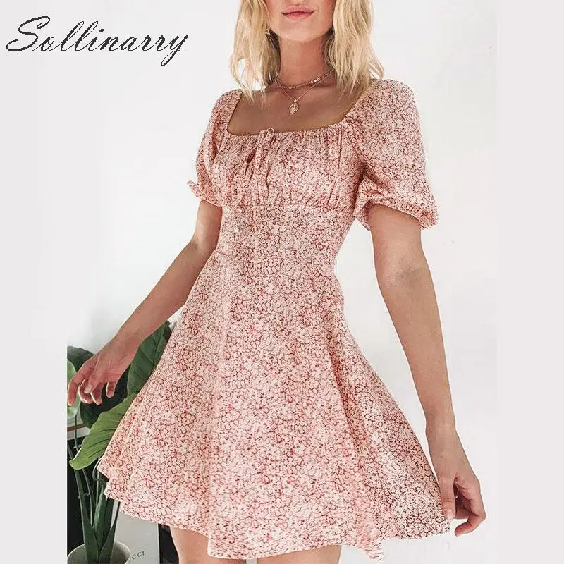 

Sollinarry Square Collar Short Sleeve Women Short Dress Elegant High Waist Mini Print Beach Dress Ladies Lace Up Dresses Vestido