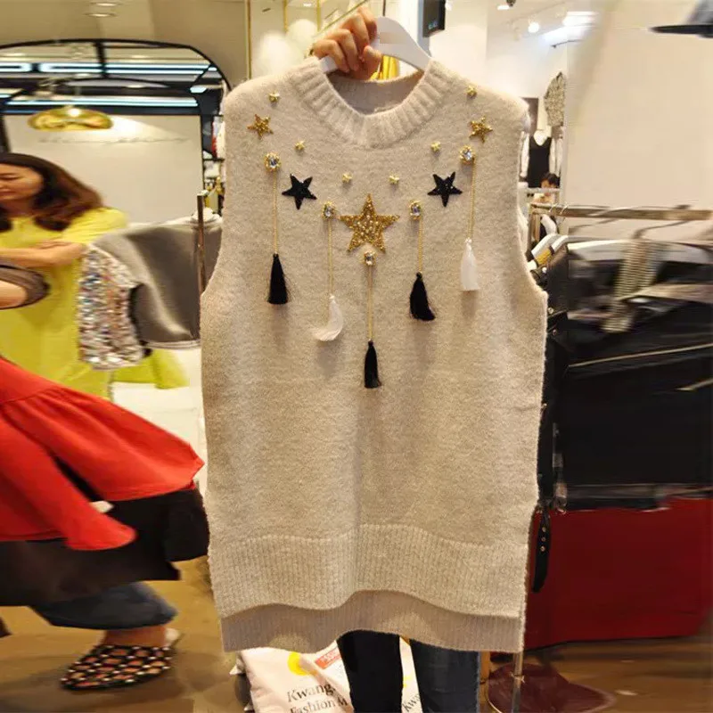 Neploe Модный женский свитер с кисточками и бусинами, без рукавов, со звездами, с круглым вырезом, Sueter Mujer, осень, жилет, вязаные пуловеры 68402