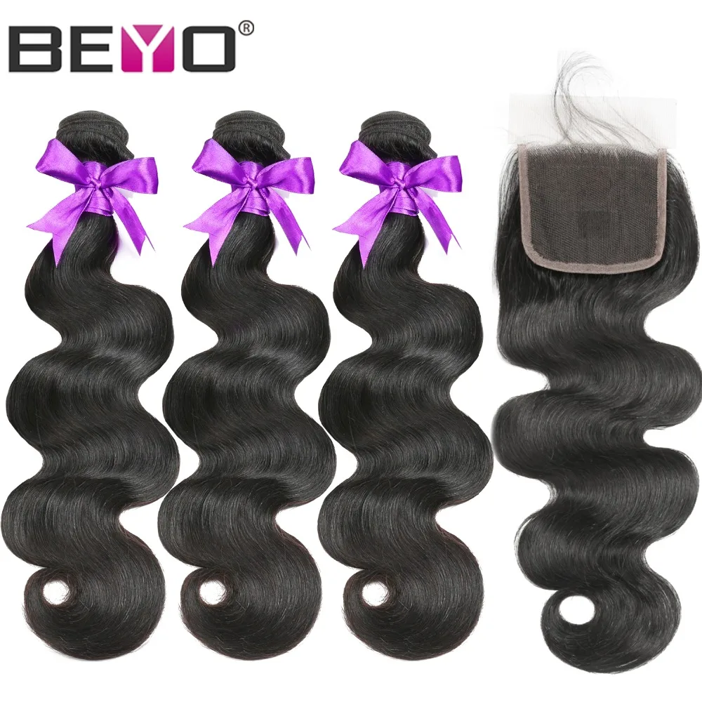 

Body Wave Bundles With Closure Brazilian Hair Weave Bundles With Closure Non Remy Human Hair Bundles With Closure Beyo Hair 4pcs