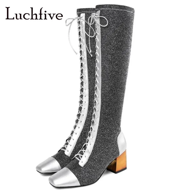 

New sequins kid suede knee high boots women sexy lace up chunky high heels long boots square toe black silver winter boots women