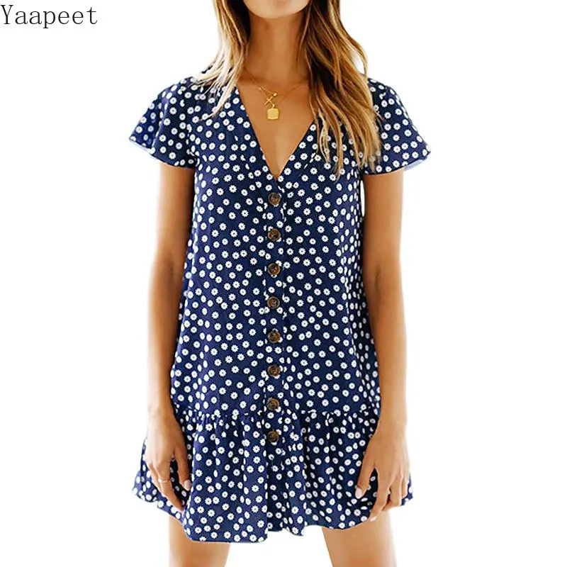 

Women's Summer Beach Polka Dot Print Button Dress A-Line Mini Lace Panel Dress Waist Short Sleeve Slim Dresses Vestidos