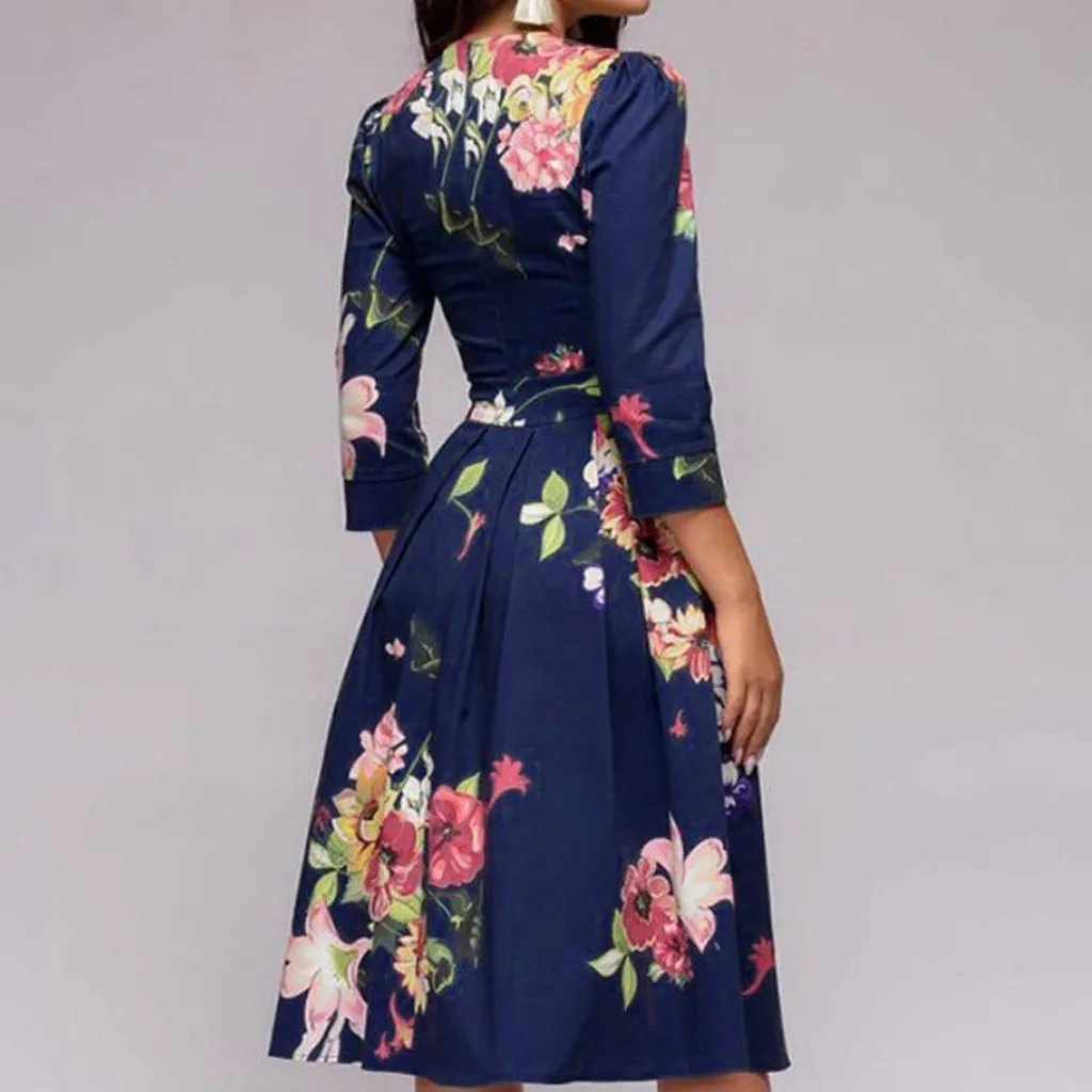 Feitong, новинка, винтажное цветочное укороченное платье с рукавом лодочкой, женское элегантное ТРАПЕЦИЕВИДНОЕ винтажное платье с принтом, вечерние платья# C