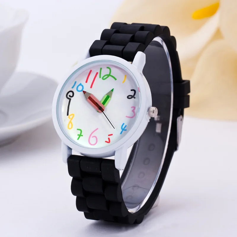 Силиконовый Карандаш часы Дети Мода Краска Кварцевые часы корпус часов белая эмаль случае детские часы
