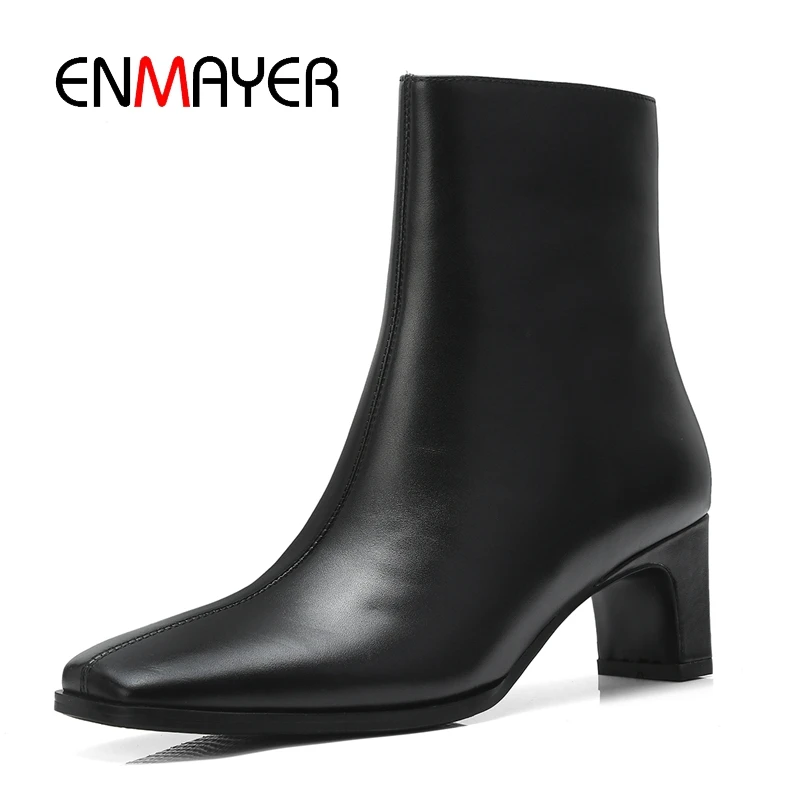 

ENMAYER Women Ankle boots Short boots Size 34-39 Causal Sqaure Toe Thick heel Women Shoes Zipper Black Real Leather shoes CR1170