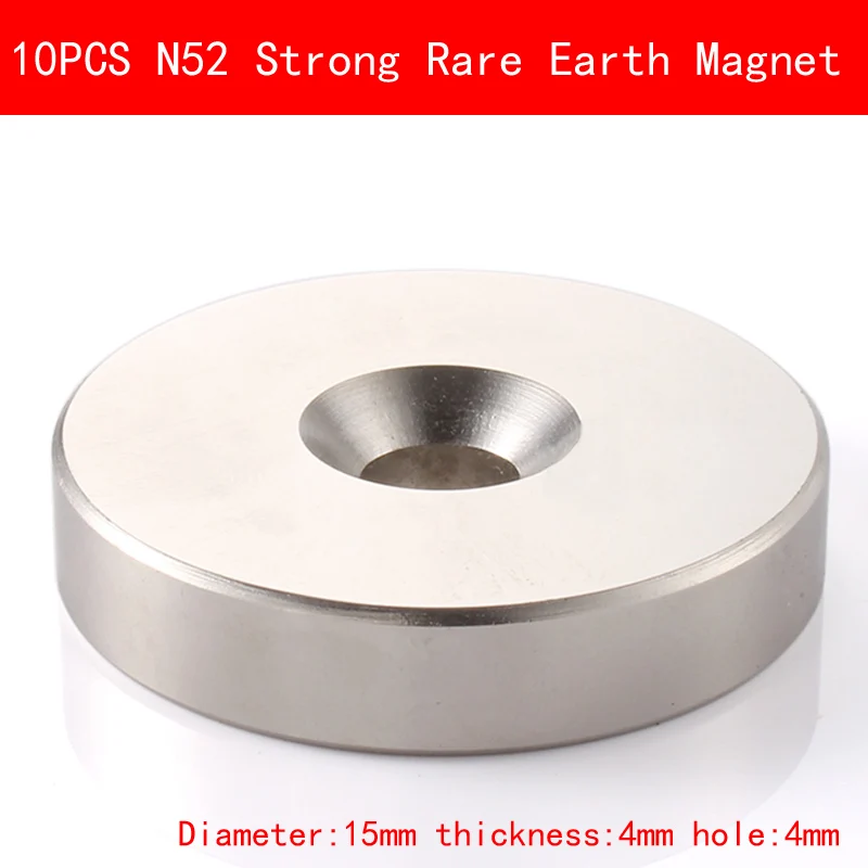 10 шт. диаметр 15 мм толщина 4 мм отверстие 4 мм N52 супер сильный редкоземельный постоянный магнит N52 магнитов Ndfeb(неодим-D15*4 мм