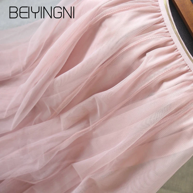 Beiyingni Тюлевая юбка, Женская сетчатая юбка с эластичной резинкой на талии, 4 цвета, юбка-пачка, милая модная плиссированная юбка для подружек невесты, Falda Saia Midi