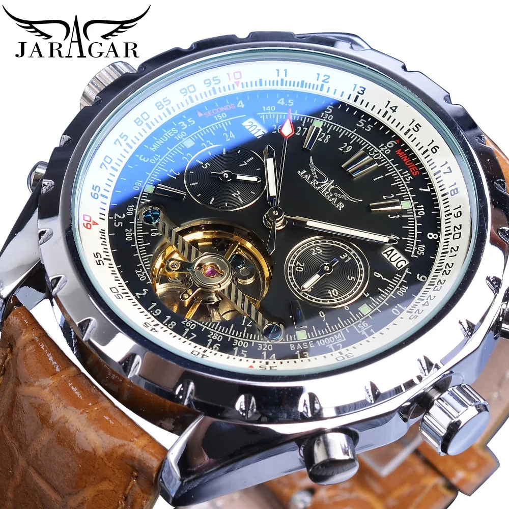 

JARAGAR Automatic Mechanical Men Watch Racing Sport Design Self Wind Calendar Skeleton Top Brand Luxury Brown Leather Wristwatch