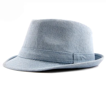 HT1749 2018 New Spring Summer Hat Cotton Denim Jazz Cap Men Women Classic Panama Cap Derby Bowler Fedora Hat Solid Plain Fedoras 1