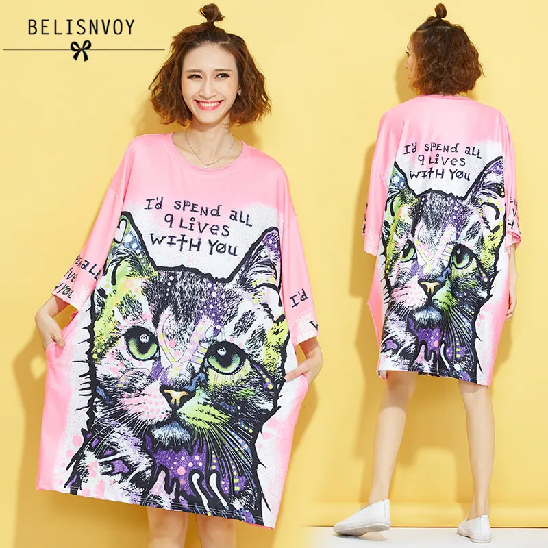 

Women Harajuku Style Oversize T-shirts Female 2019 Summer Cartoon Cat Letters Prints O-neck Bat Sleeve Long Tops Plus size Tees