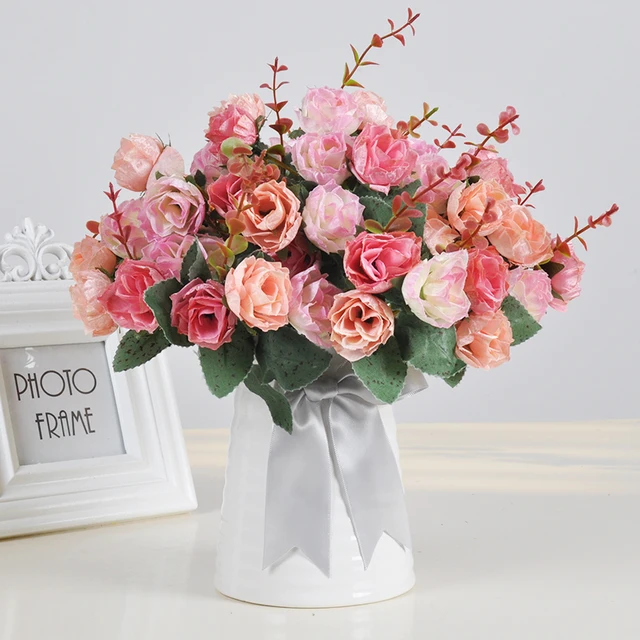 1 Set Artificial Flower Roses Carnation Sunflower Bouquets 25cm 1 Set Artificial Flower Roses Carnation Sunflower Bouquets 25cm Ceramic Vase Wedding Home Decoration Fake