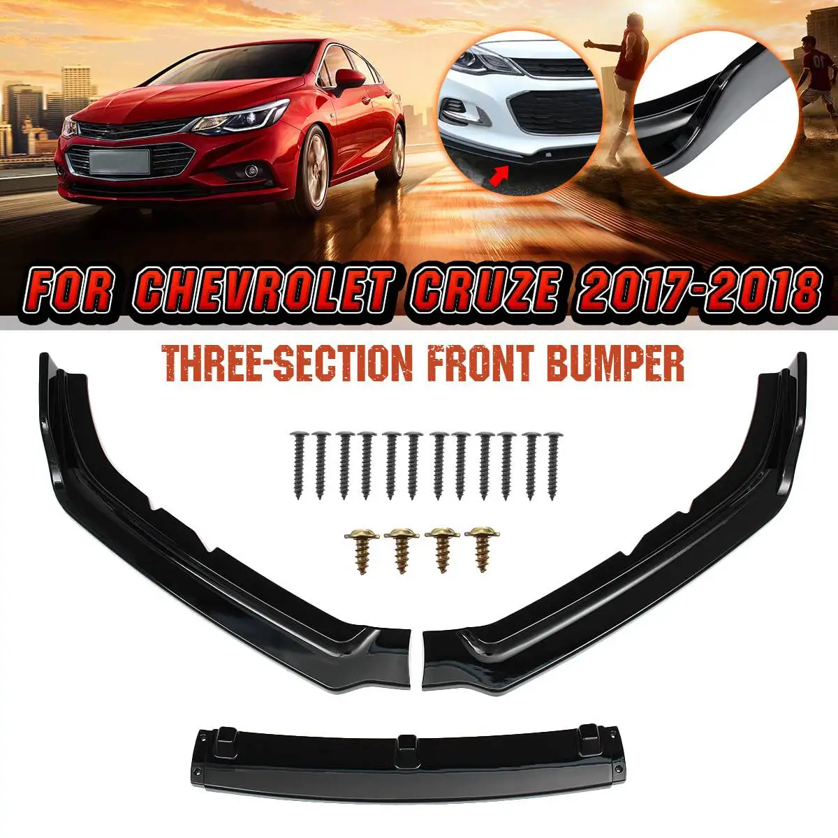 

3Pcs Car Front Bumper Under Diffuser Protector Shovel Lip Spoiler Crashproof Glossy Black For Chevrolet For Cruze 2017 2018