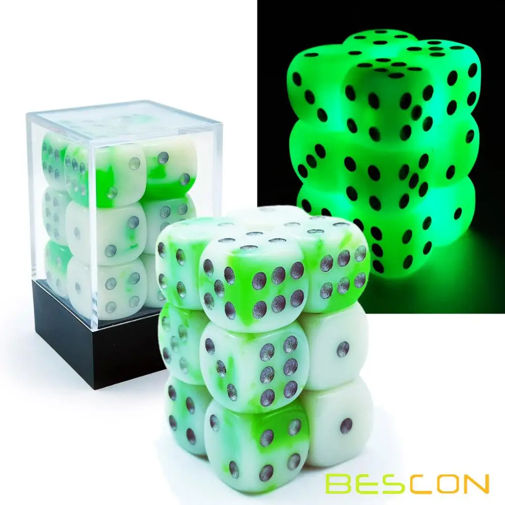 Bescon двухцветные Светящиеся Кости D6 16 мм 12 шт набор светящийся нефрит, 16 мм шестигранники Die(12) блок Светящиеся Кости