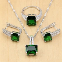 Square Green Cubic Zirconia White Zircon Beads 925 Sterling Silver Jewelry Sets For Women Wedding Earrings/Pendant/Necklace/Ring emmaya new top white gold plate flower jewelry set aaa cubic zircon pendant earrings for women wedding jewelry sets