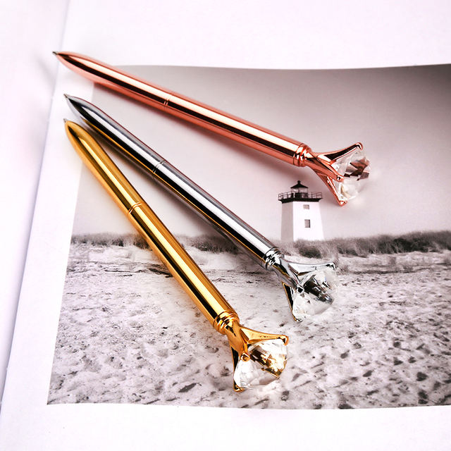 Big carat diamond Crystal Pen Gem Ballpoint pen ring wedding office Metal ring roller ball pen Rose gold silver pink purple