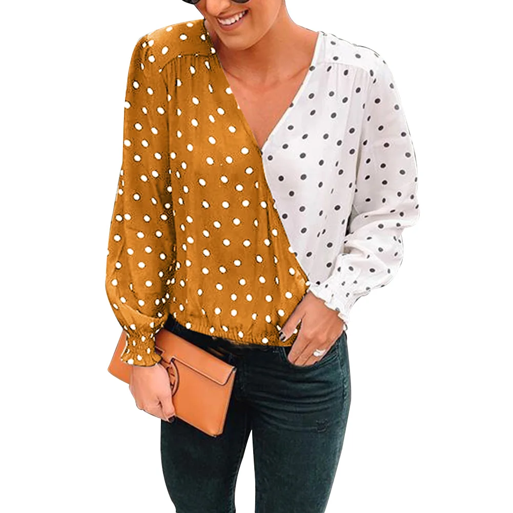 

Women V Neck Patchwork Polka Dots Long Sleeve Shirts Tops XRQ88