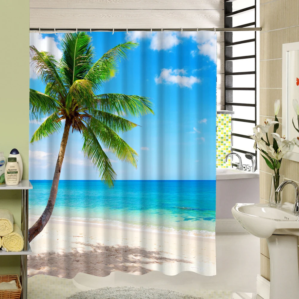 Plage tropicale Rideau De Douche Palm Tree Motif Étoile De Mer 3d