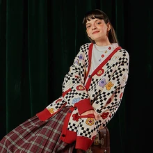 Винтаж Зима Весна Дизайн Женский Свободный вязаный кардиган пальто V образным вырезом толстый игривый Узор Женский свитер пальто кардиган джемпер